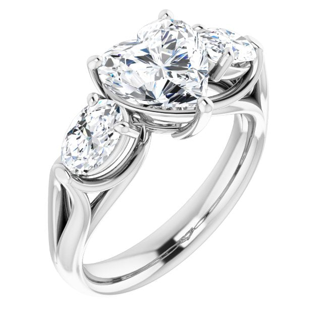 Cubic Zirconia Engagement Ring- The Alondra (Customizable Cathedral-set 3-stone Heart Cut Style with Dual Oval Cut Accents & Wide Split Band)
