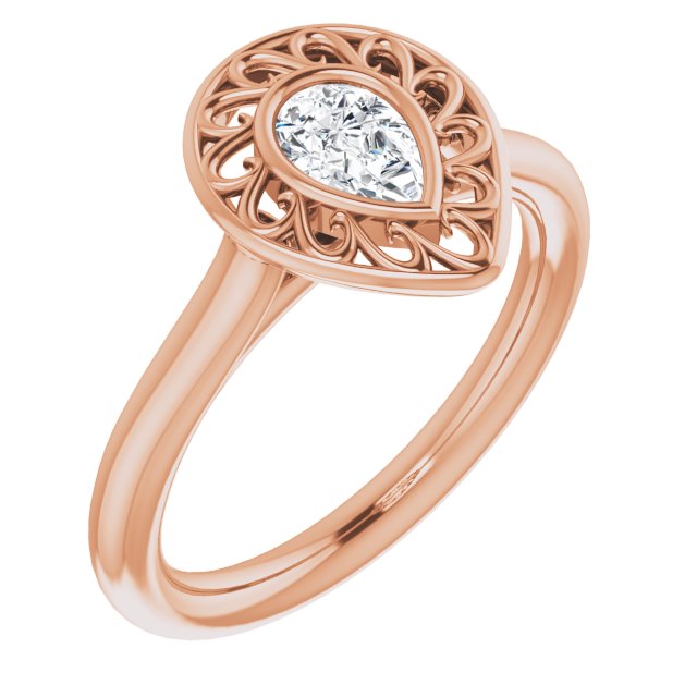 10K Rose Gold Customizable Cathedral-Bezel Style Pear Cut Solitaire with Flowery Filigree