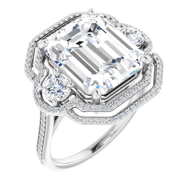 10K White Gold Customizable Enhanced 3-stone Double-Halo Style with Emerald/Radiant Cut Center and Thin Band