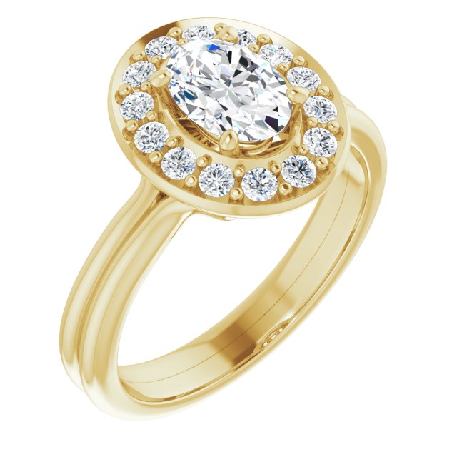 10K Yellow Gold Customizable Cluster-Halo Accented Oval Cut Style with Tapered Dual Band