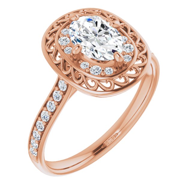 10K Rose Gold Customizable Cathedral-style Oval Cut featuring Cluster Accented Filigree Setting & Shared Prong Band