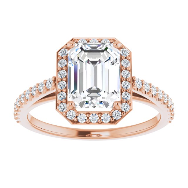 Cubic Zirconia Engagement Ring- The Catherine Lea (Customizable Emerald Cut Design with Halo and Thin Pavé Band)