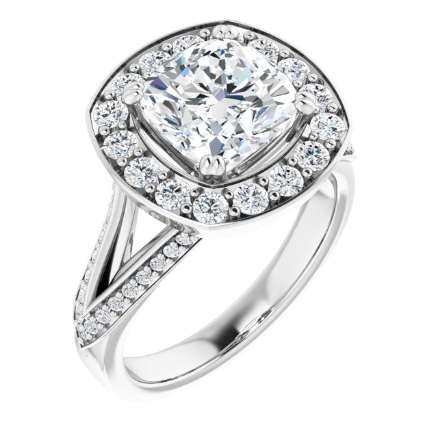 10K White Gold Customizable Cushion Cut Center with Large-Accented Halo and Split Shared Prong Band