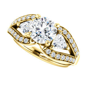 Cubic Zirconia Engagement Ring- The Karen (Customizable Enhanced 3-stone Design with Round Cut Center, Dual Trillion Accents and Wide Pavé-Split Band)