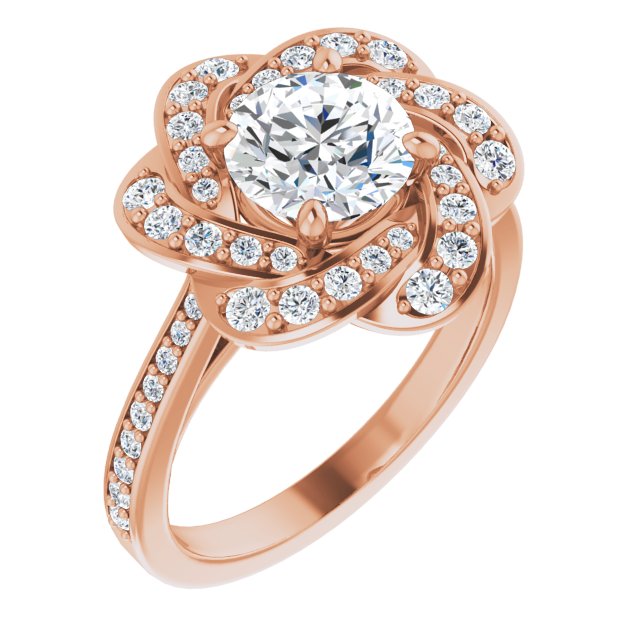 10K Rose Gold Customizable Cathedral-raised Round Cut Design with Floral/Knot Halo and Thin Accented Band