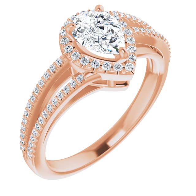10K Rose Gold Customizable Pear Cut Vintage Design with Halo Style and Asymmetrical Split-Pavé Band