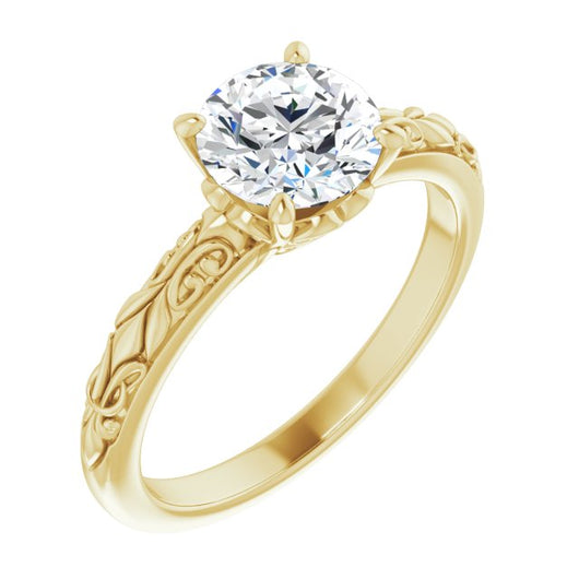 10K Yellow Gold Customizable Round Cut Solitaire featuring Delicate Metal Scrollwork