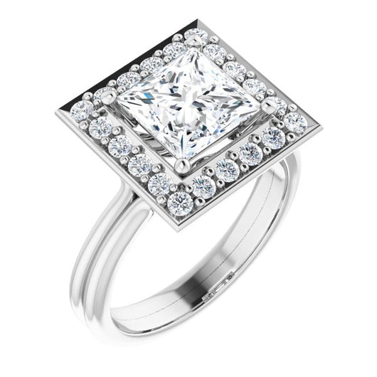 10K White Gold Customizable Cluster-Halo Accented Princess/Square Cut Style with Tapered Dual Band