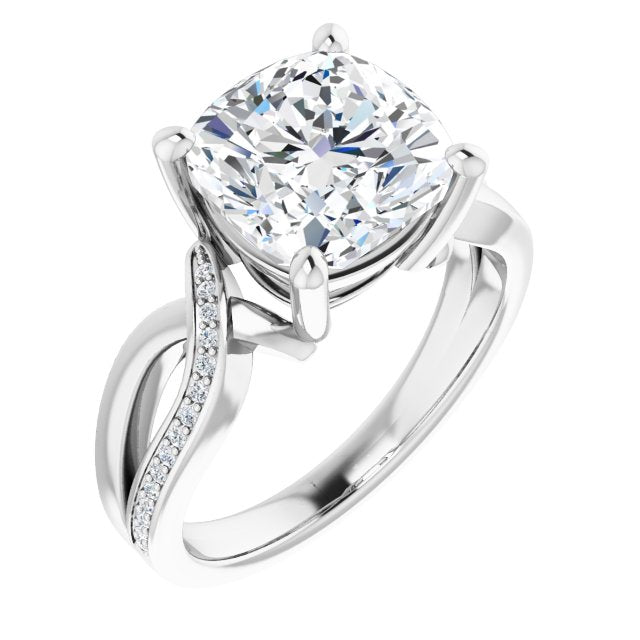 10K White Gold Customizable Cushion Cut Center with Curving Split-Band featuring One Shared Prong Leg