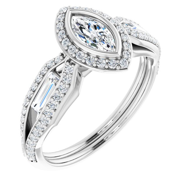 10K White Gold Customizable Cathedral-Bezel Marquise Cut Design with Halo, Split-Pavé Band & Channel Baguettes
