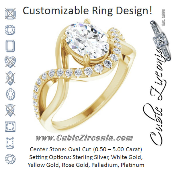 Cubic Zirconia Engagement Ring- The Kwan Lee (Customizable Oval Cut Design with Semi-Accented Twisting Infinity Bypass Split Band and Half-Halo)
