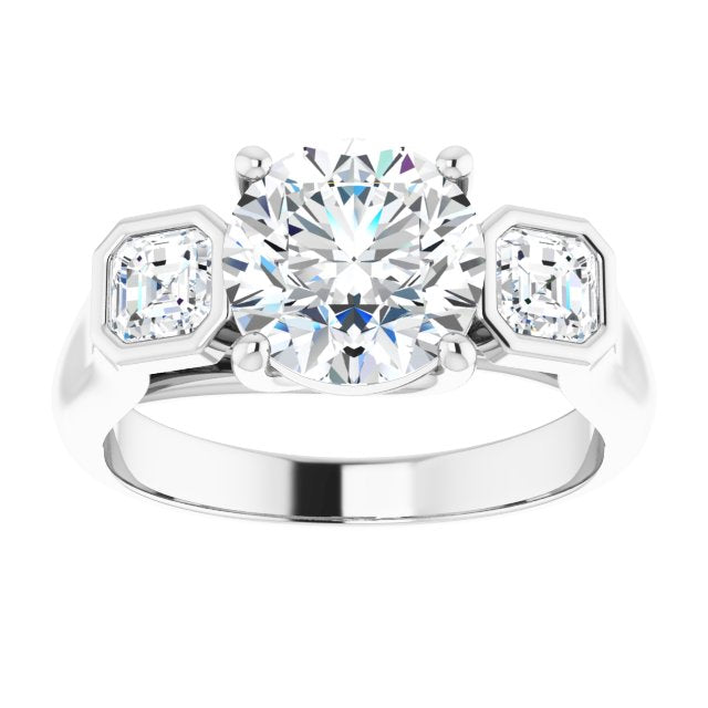 Cubic Zirconia Engagement Ring- The Alana Marie (Customizable 3-stone Cathedral Round Cut Design with Twin Asscher Cut Side Stones)