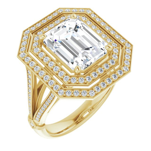 10K Yellow Gold Customizable Cathedral-set Emerald/Radiant Cut Design with Double Halo, Wide Split-Shared Prong Band and Side Knuckle Accents