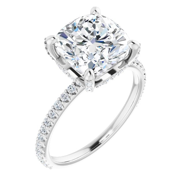 10K White Gold Customizable Cushion Cut Design with Round-Accented Band, Micropav? Under-Halo and Decorative Prong Accents)