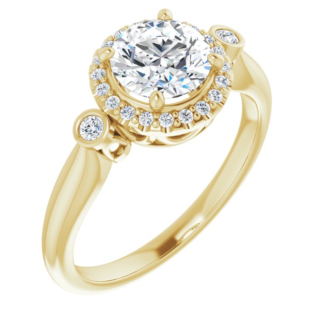 10K Yellow Gold Customizable Round Cut Style with Halo and Twin Round Bezel Accents