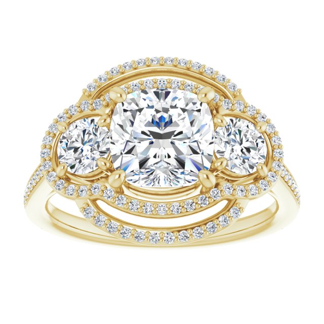 Cubic Zirconia Engagement Ring- The e'Mariana (Customizable Enhanced 3-stone Double-Halo Style with Cushion Cut Center and Thin Band)