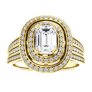 Cubic Zirconia Engagement Ring- The Shay (Customizable Emerald Cut Ultra-wide w/ Double-Halo and Triple-Pavé Band)