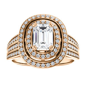Cubic Zirconia Engagement Ring- The Shay (Customizable Emerald Cut Ultra-wide w/ Double-Halo and Triple-Pavé Band)