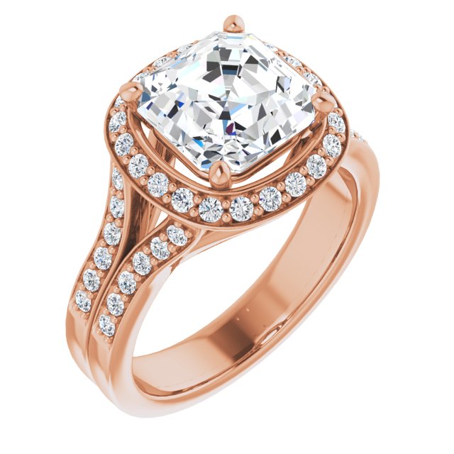 10K Rose Gold Customizable Asscher Cut Halo Style with Accented Split-Band