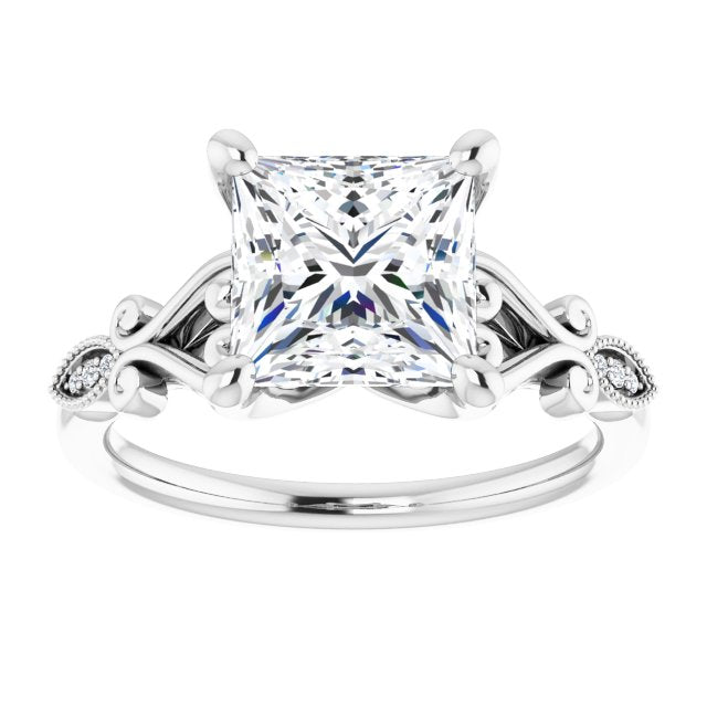 Cubic Zirconia Engagement Ring- The Annika (Customizable 7-stone Design with Princess/Square Cut Center Plus Sculptural Band and Filigree)