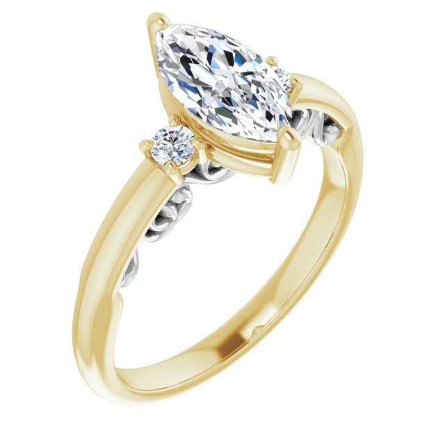 14K Yellow & White Gold Customizable Marquise Cut 3-stone Style featuring Heart-Motif Band Enhancement