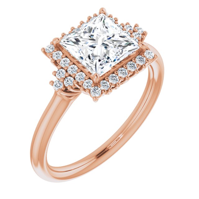 10K Rose Gold Customizable Princess/Square Cut Cathedral-Halo Design with Tri-Cluster Round Accents