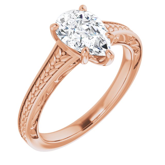 10K Rose Gold Customizable Pear Cut Solitaire with Organic Textured Band and Decorative Prong Basket