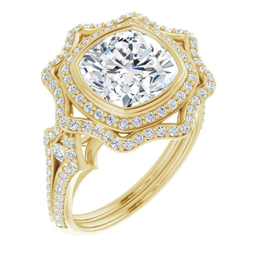 10K Yellow Gold Customizable Cushion Cut Style with Ultra-wide Pavé Split-Band and Nature-Inspired Double Halo
