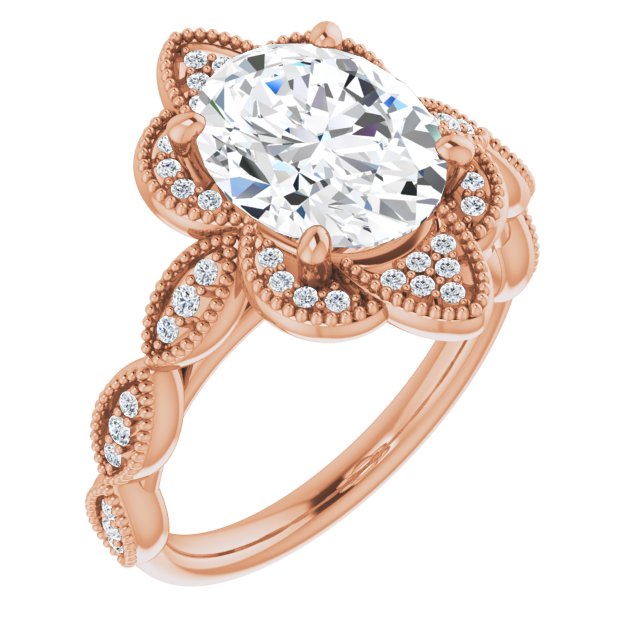 10K Rose Gold Customizable Cathedral-style Oval Cut Design with Floral Segmented Halo & Milgrain+Accents Band