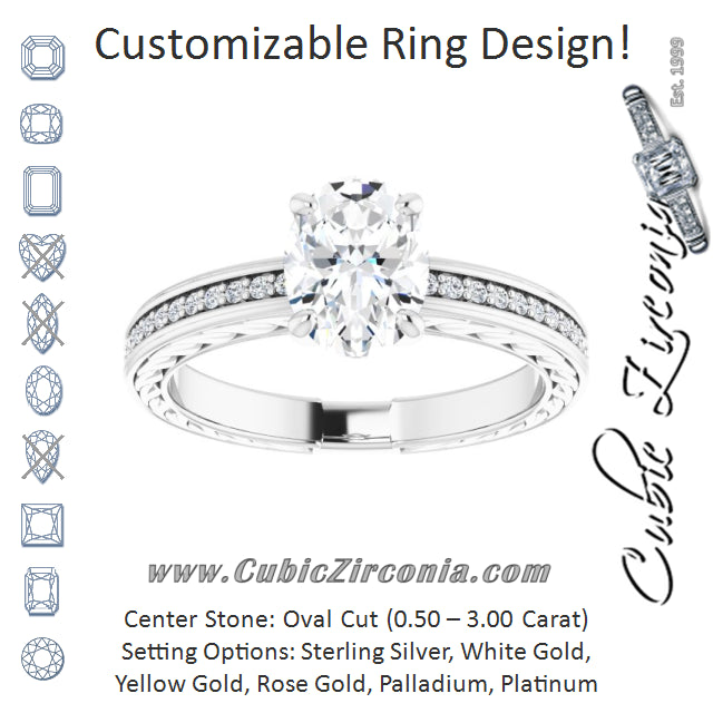 Cubic Zirconia Engagement Ring- The Angie (Customizable Oval Cut Design with Rope-Filigree Hammered Inlay & Round Channel Accents)