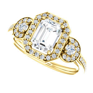 Cubic Zirconia Engagement Ring- The Téa (Emerald Cut Customizable 3-Stone Cathedral-Halo with Accented Band)