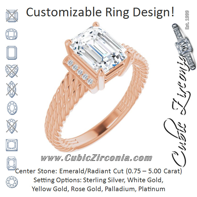 Cubic Zirconia Engagement Ring- The Junio (Customizable 11-stone Design featuring Radiant Cut Center, Vertical Round-Channel Accents & Wide Triple-Rope Band)