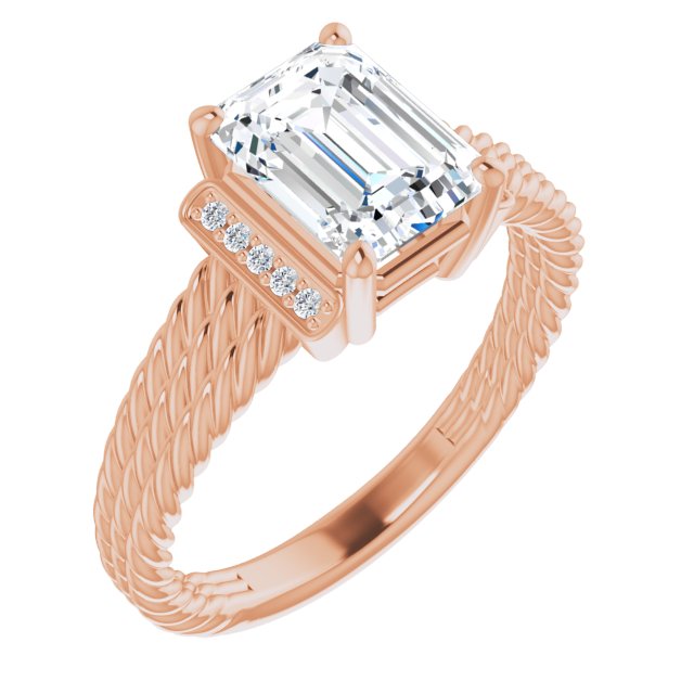 Cubic Zirconia Engagement Ring- The Junio (Customizable 11-stone Design featuring Emerald Cut Center, Vertical Round-Channel Accents & Wide Triple-Rope Band)