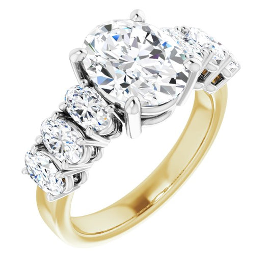 14K Yellow & White Gold Customizable 7-stone Oval Cut Design with Large Round-Prong Side Stones