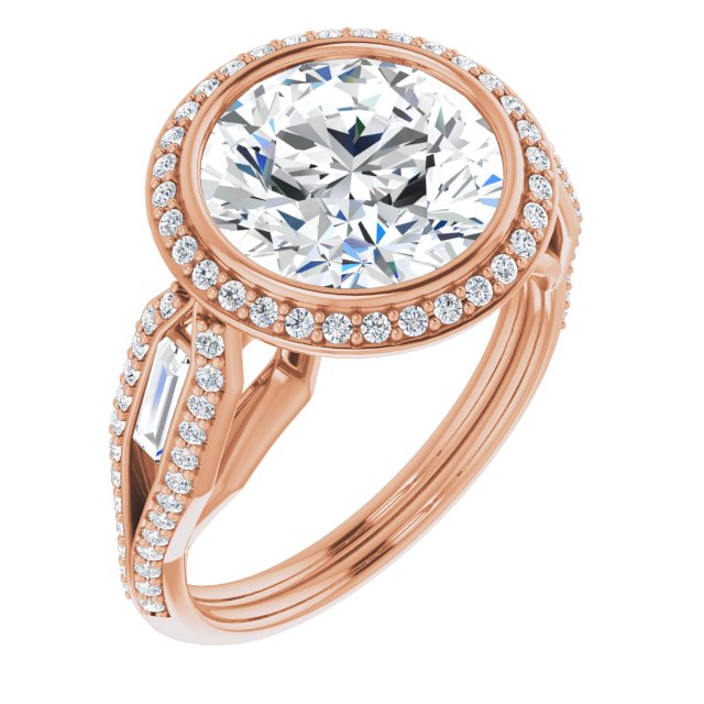 10K Rose Gold Customizable Cathedral-Bezel Round Cut Design with Halo, Split-Pavé Band & Channel Baguettes