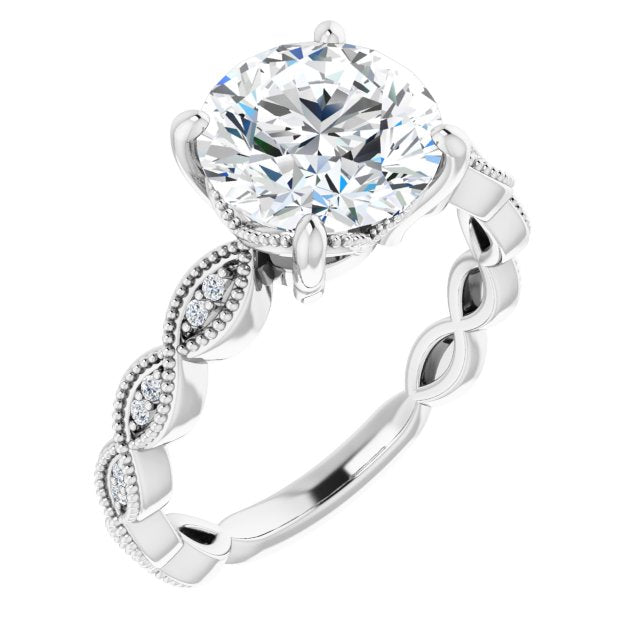 18K White Gold Customizable Round Cut Artisan Design with Scalloped, Round-Accented Band and Milgrain Detail