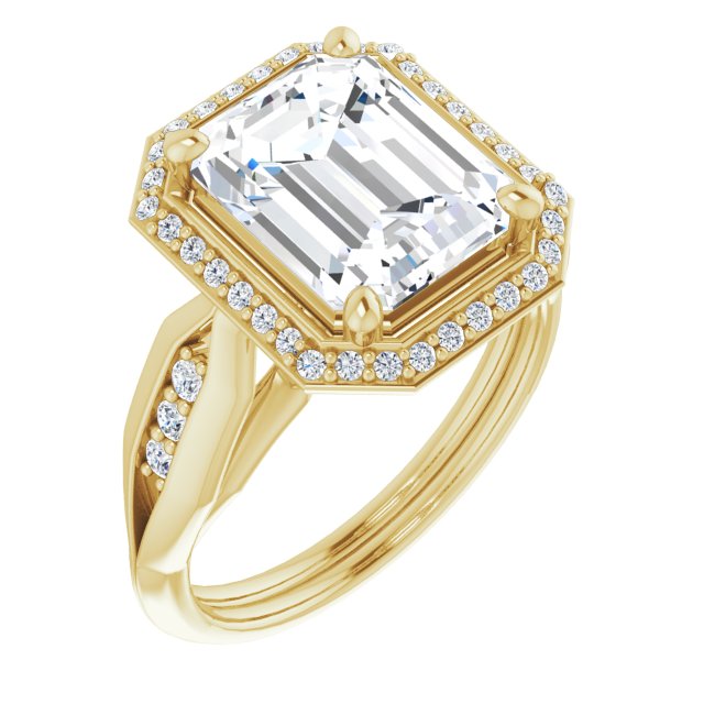 10K Yellow Gold Customizable Cathedral-raised Emerald/Radiant Cut Design with Halo and Tri-Cluster Band Accents