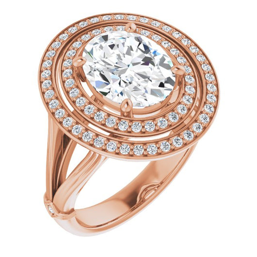 10K Rose Gold Customizable Cathedral-set Oval Cut Design with Double Halo, Wide Split Band and Side Knuckle Accents
