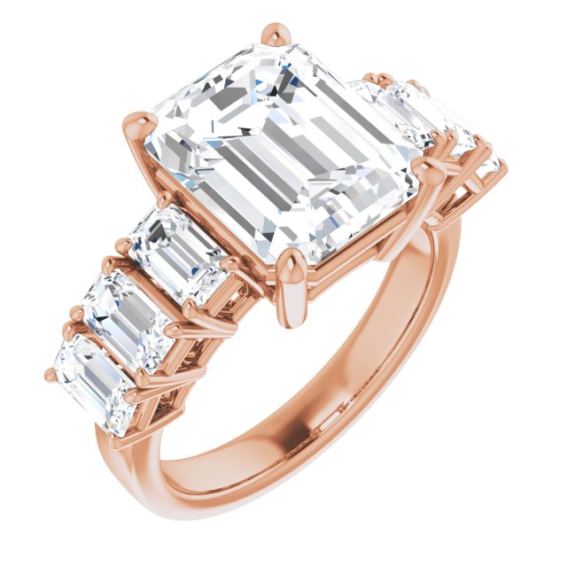 10K Rose Gold Customizable 7-stone Emerald/Radiant Cut Design with Large Round-Prong Side Stones