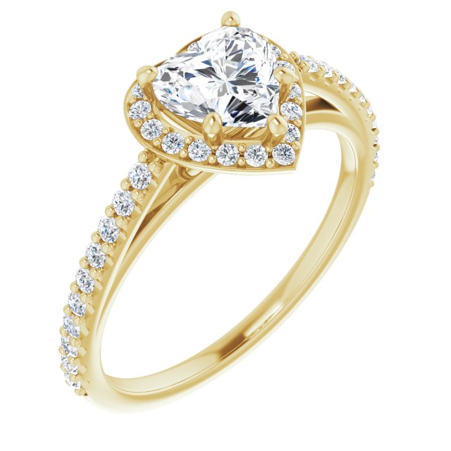 10K Yellow Gold Customizable Heart Cut Design with Halo and Thin Pavé Band