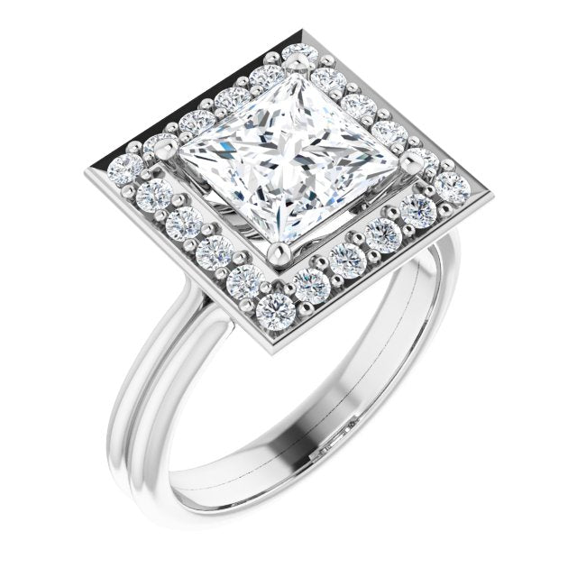 14K White Gold Customizable Cluster-Halo Accented Princess/Square Cut Style with Tapered Dual Band