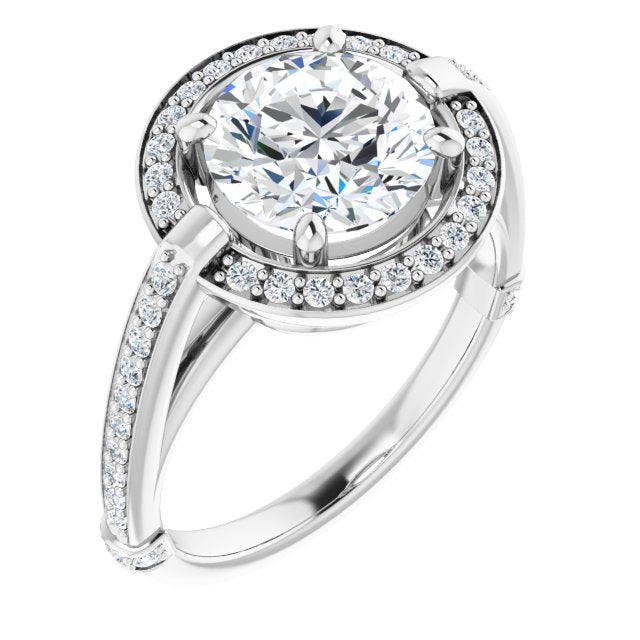 Cubic Zirconia Engagement Ring- The Ebba (Customizable High-Cathedral Round Cut Design with Halo and Shared Prong Band)