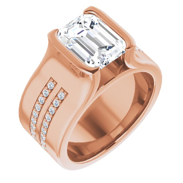 10K Rose Gold Customizable Bezel-set Emerald/Radiant Cut Design with Thick Band featuring Double-Row Shared Prong Accents