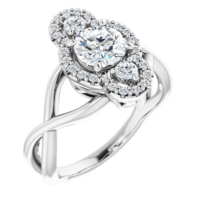 10K White Gold Customizable Vertical 3-stone Round Cut Design Enhanced with Multi-Halo Accents and Twisted Band