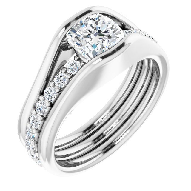 10K White Gold Customizable Bezel-set Cushion Cut Style with Thick Pavé Band