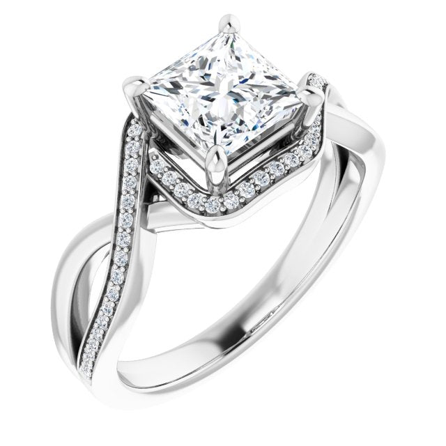 10K White Gold Customizable Bypass-Halo-Accented Princess/Square Cut Center with Twisting Split Shared Prong Band
