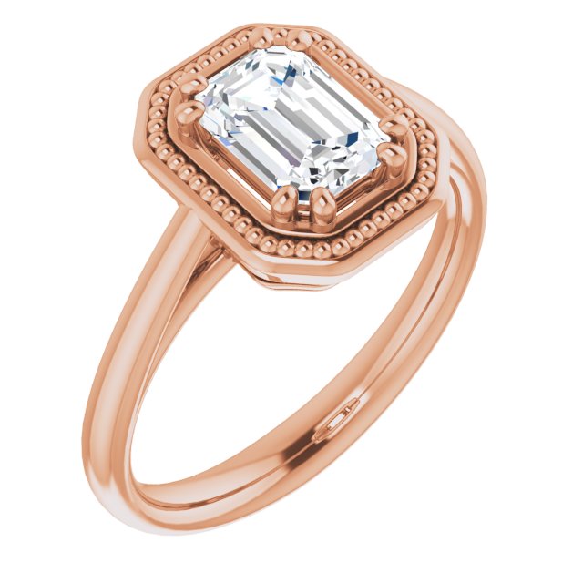 10K Rose Gold Customizable Emerald/Radiant Cut Solitaire with Metallic Drops Halo Lookalike