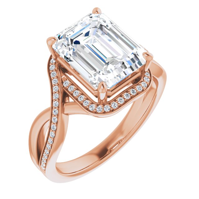 10K Rose Gold Customizable Bypass-Halo-Accented Emerald/Radiant Cut Center with Twisting Split Shared Prong Band