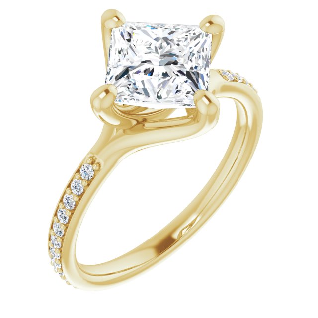 10K Yellow Gold Customizable Princess/Square Cut Design featuring Thin Band and Shared-Prong Round Accents