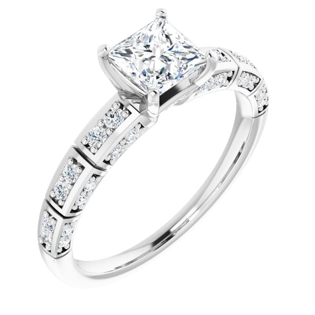 10K White Gold Customizable Princess/Square Cut Style with Three-sided, Segmented Shared Prong Band